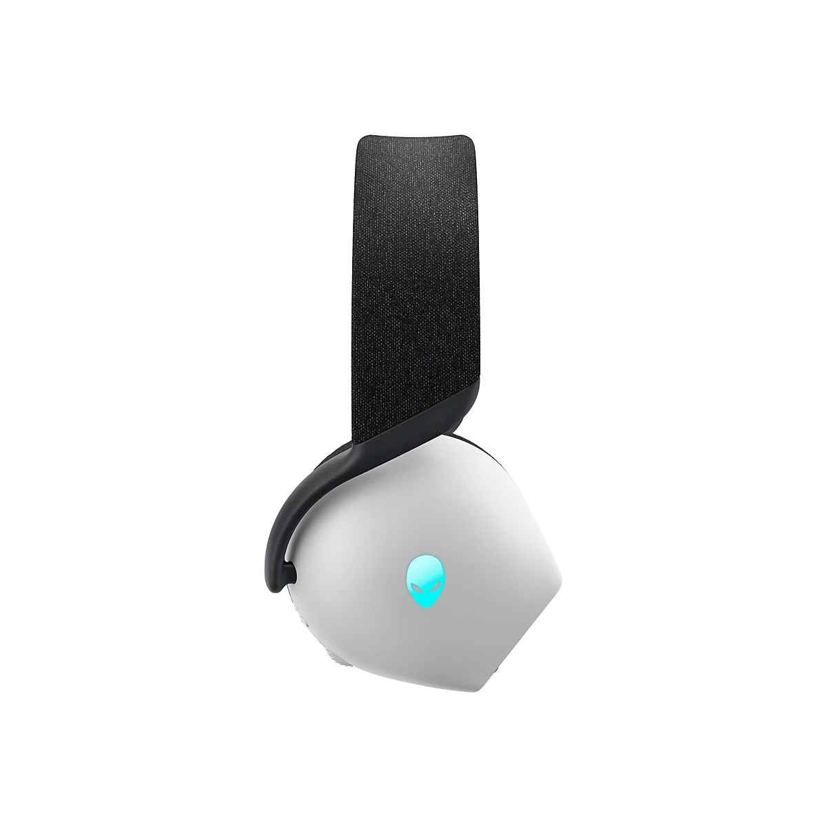 Hellgrauer Kopfhörer mit schwarzem Bügel und Polsterung. Auf dem Ohrhörer leuchtet ein türkisfarbenes Alien-Logo.
