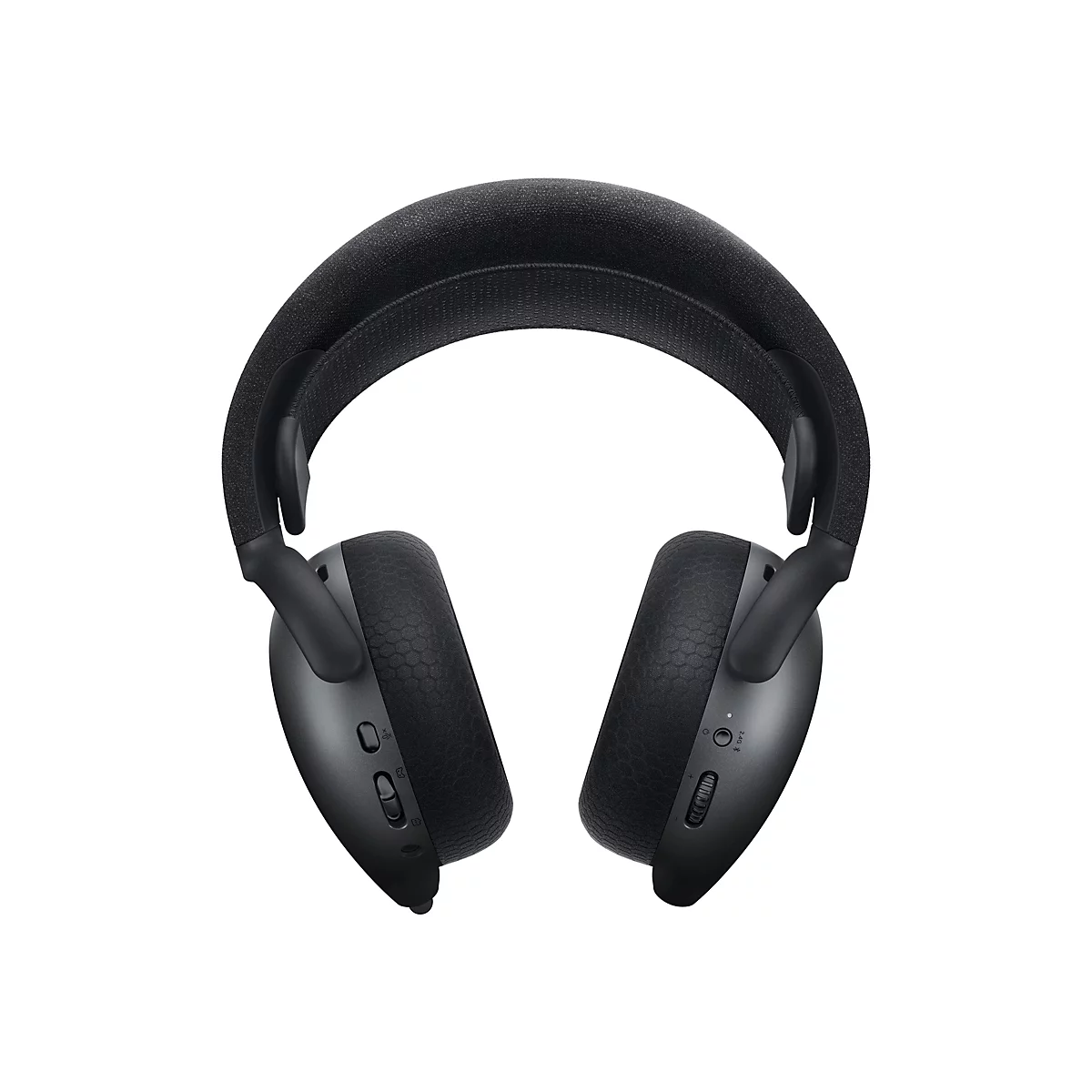 Schwarzer kabelloser Kopfhörer, Detailansicht. Der Kopfhörer hat ein gepolstertes Kopfband und ohrumschließende Ohrmuscheln mit Wabenmuster.