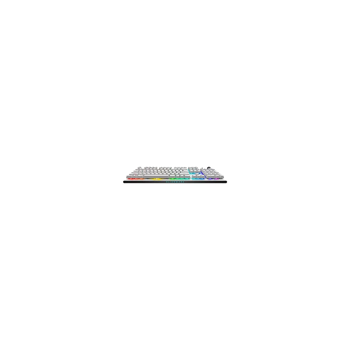 Hellgraue mechanische Tastatur, RGB-Beleuchtung unter den Tasten und 'Alienware'-Logo.