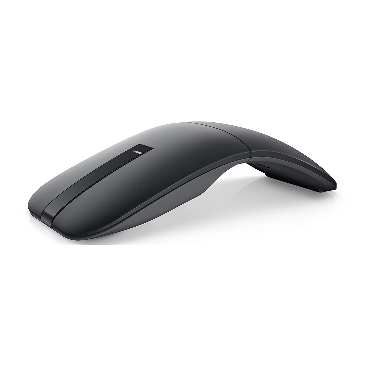Schwarze, ergonomisch geformte Computermaus. Auf der Oberseite ein dunkler Streifen mit Indikator. Weißer Hintergrund.