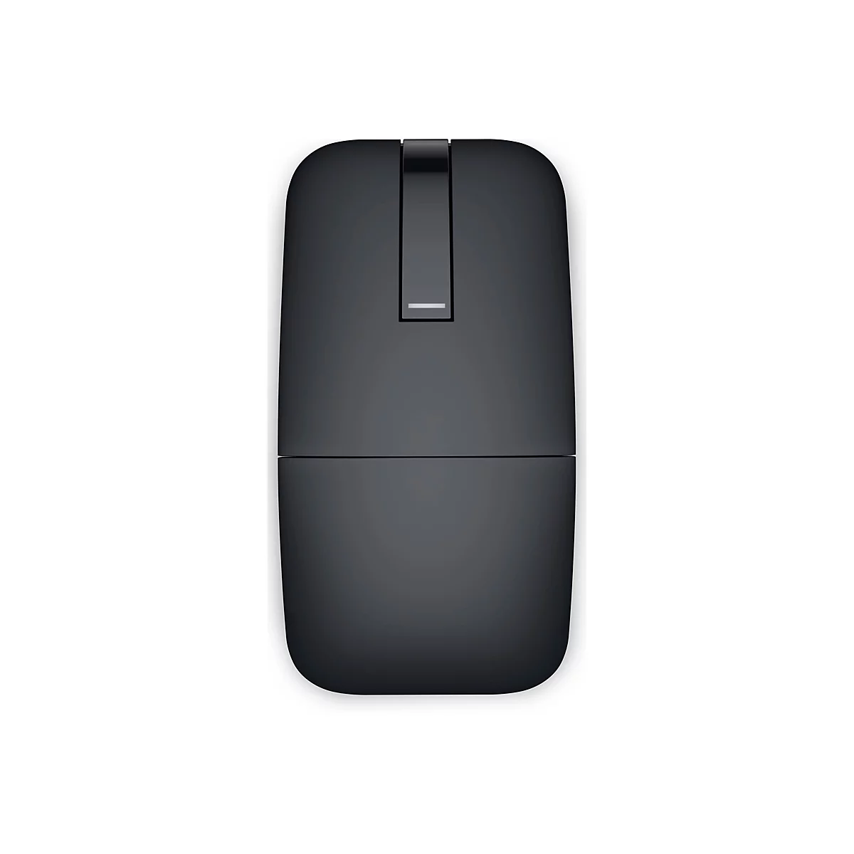 Vue de dessus d'une souris plate, gris foncé, sur fond blanc. Il y a une fente étroite en haut.