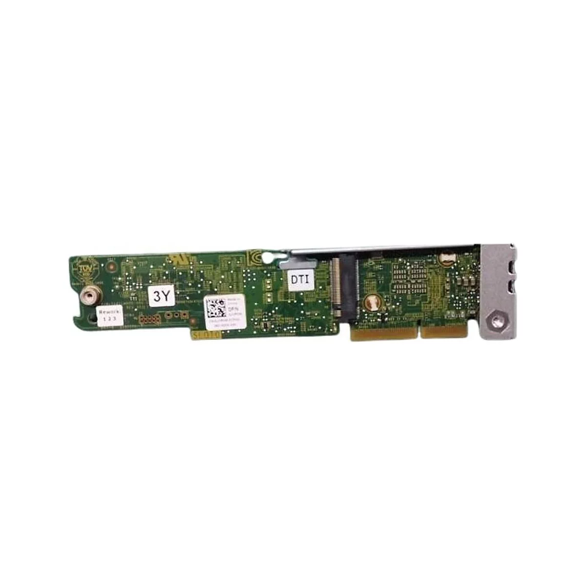 Eine grüne Platine mit elektronischen Bauteilen und silberfarbenen Anschlüssen. Aufgedruckte Schriftzeichen und Logos.