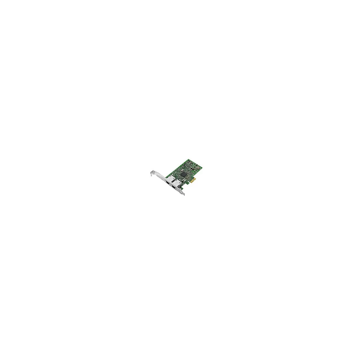Grüne Netzwerkkarte mit zwei Ethernet-Anschlüssen auf einem Metallblech vor weißem Hintergrund.