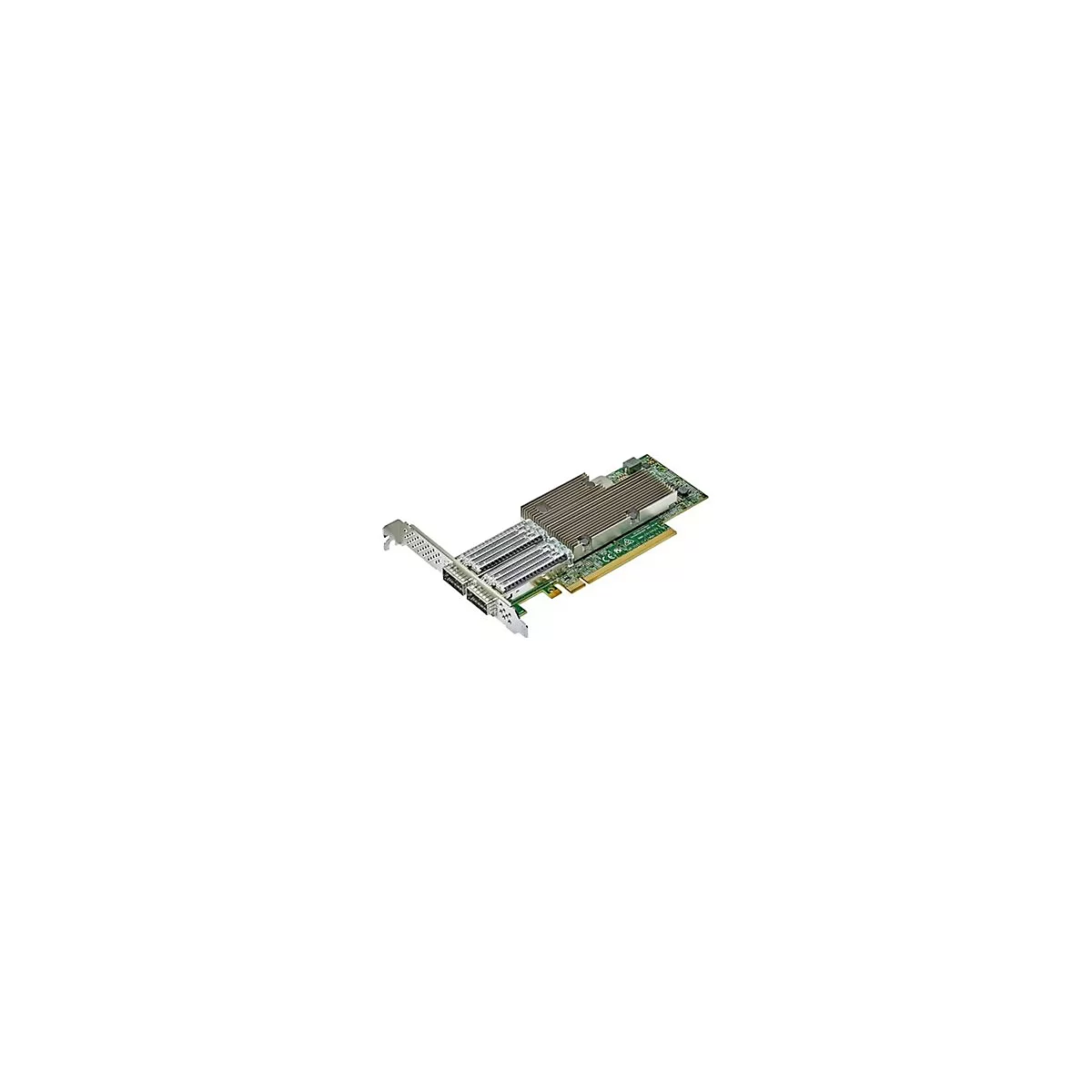 Eine grüne PCIe-Netzwerkkarte mit zwei Anschlüssen und einem silbernen Kühlkörper auf einer Leiterplatte.