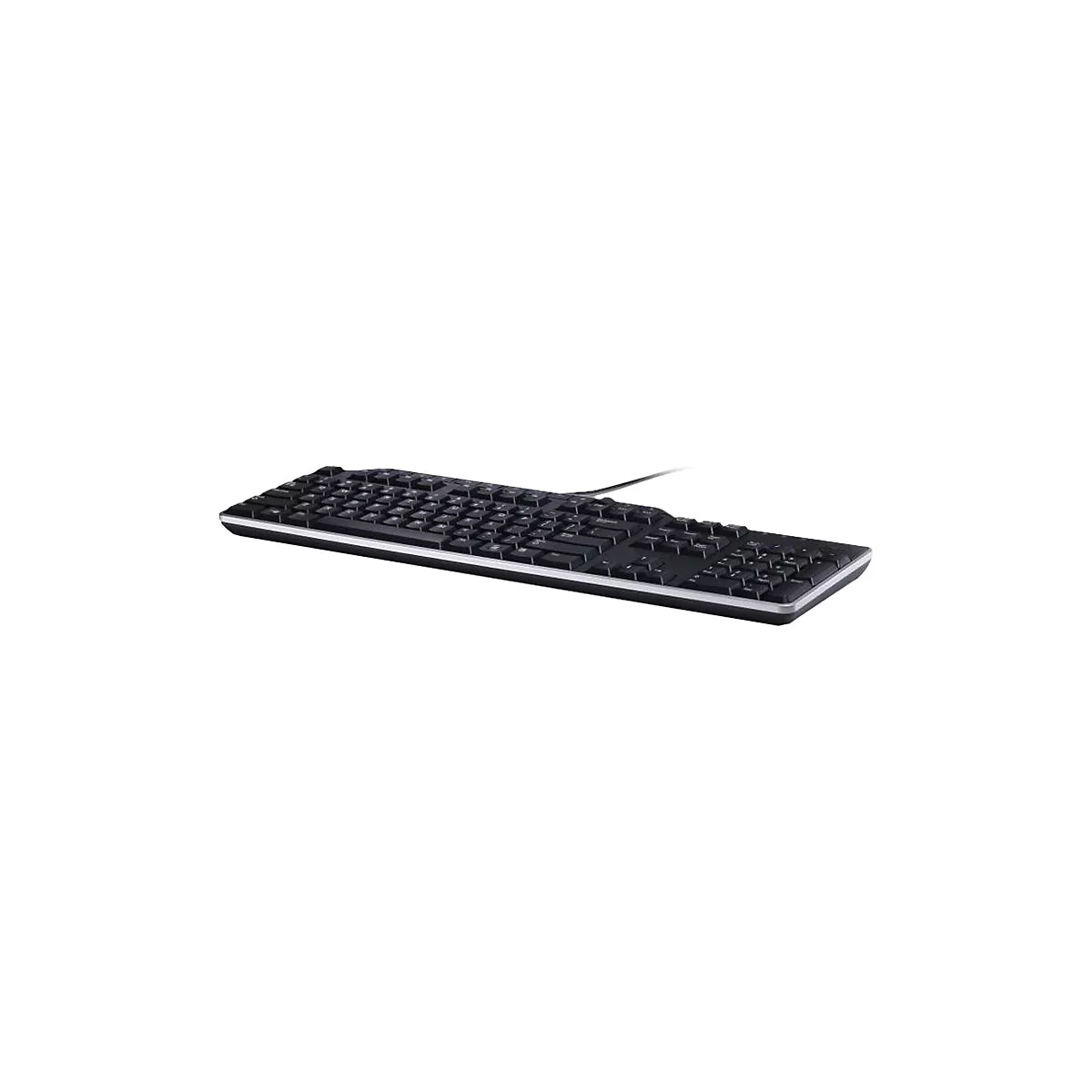 Schwarze Tastatur mit silbernem Rand auf weißem Hintergrund.