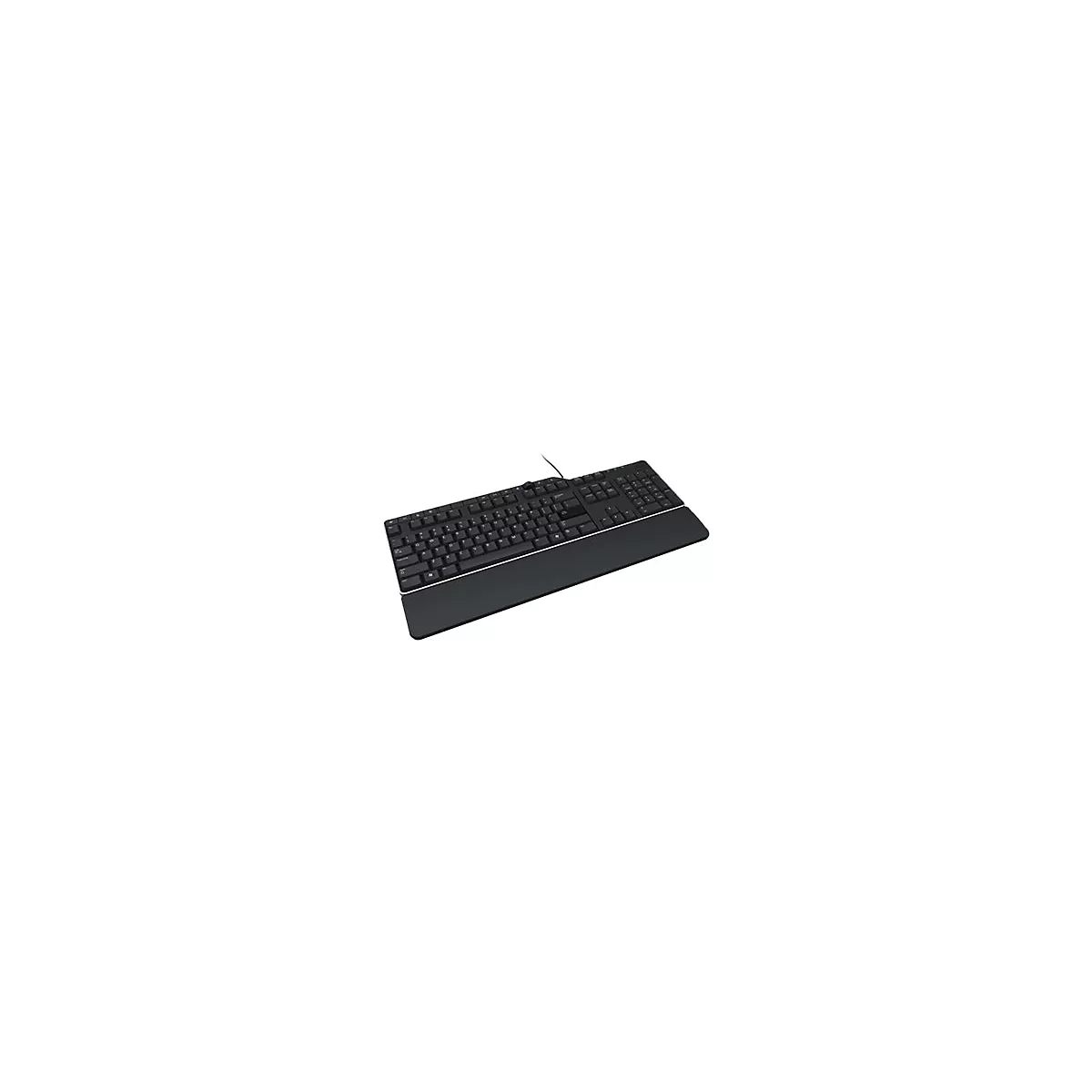 Schwarze Computertastatur mit Handauflage, Drahtanschluss, vor weißem Hintergrund.