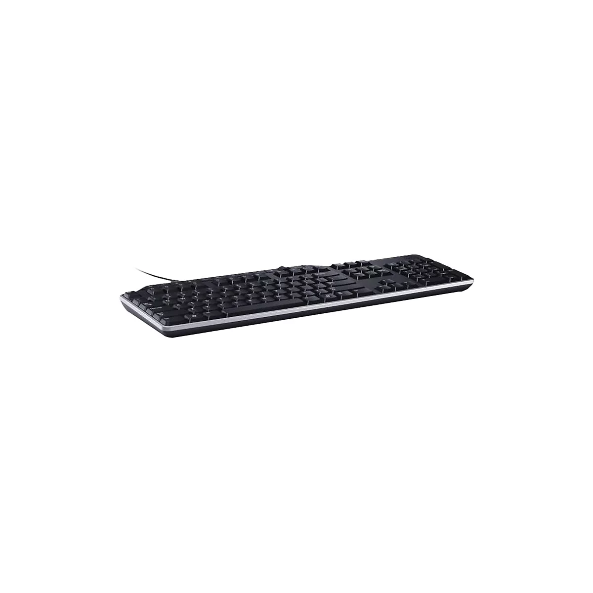 Schwarze Tastatur mit silbernem Rahmen vor weißem Hintergrund. Die Tasten sind schwarz, die Beschriftung weiß.