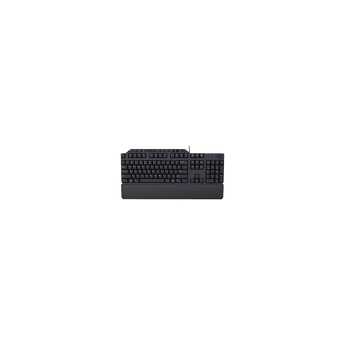 Schwarze Dell-Tastatur mit Handballenauflage, rechteckig. Tastenbeschriftungen sind erkennbar.