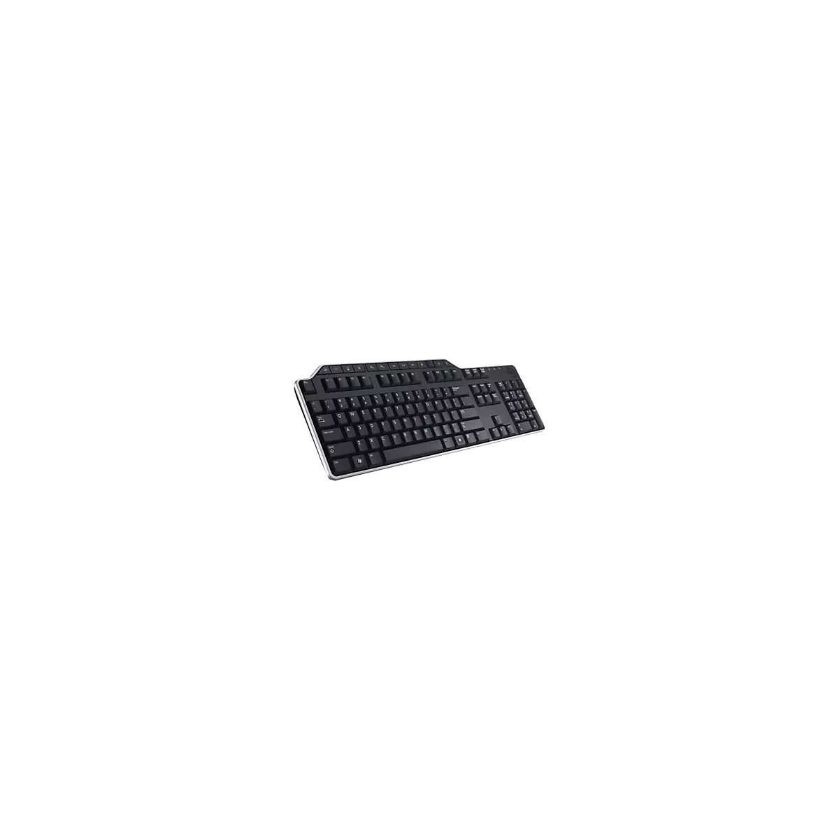 Schwarze Tastatur mit silberfarbenem Rand, Standard-Layout mit Tasten und Ziffernblock.