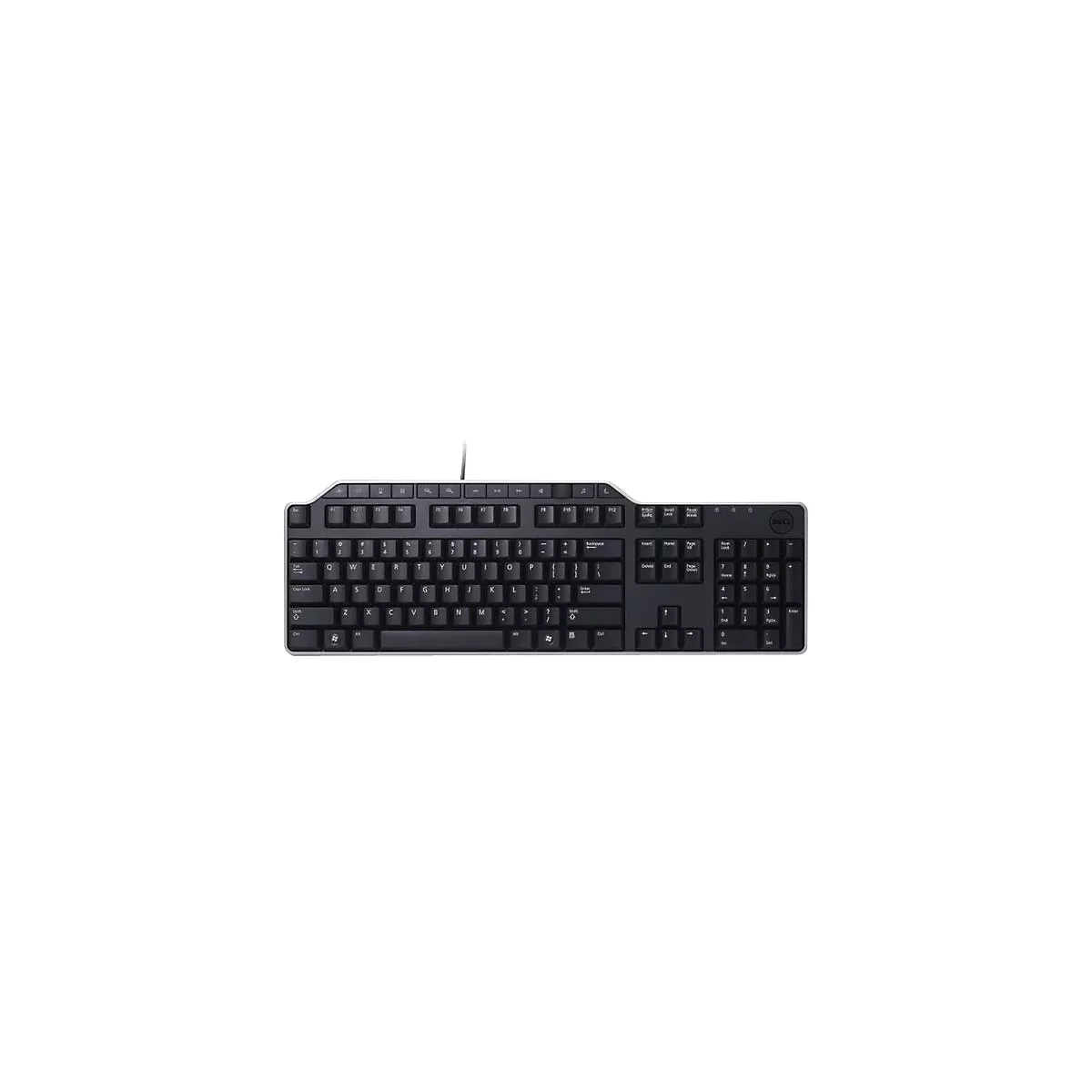 Schwarze Dell-Tastatur, Kabelanschluss, weißer Rand, QWERTZ-Tasten, Zahlenblock.