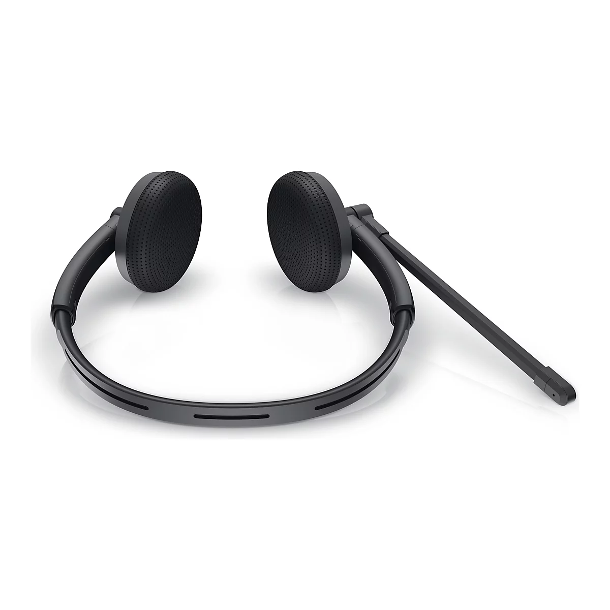 Casque noir, écouteurs percés, bras de microphone, support métallique.