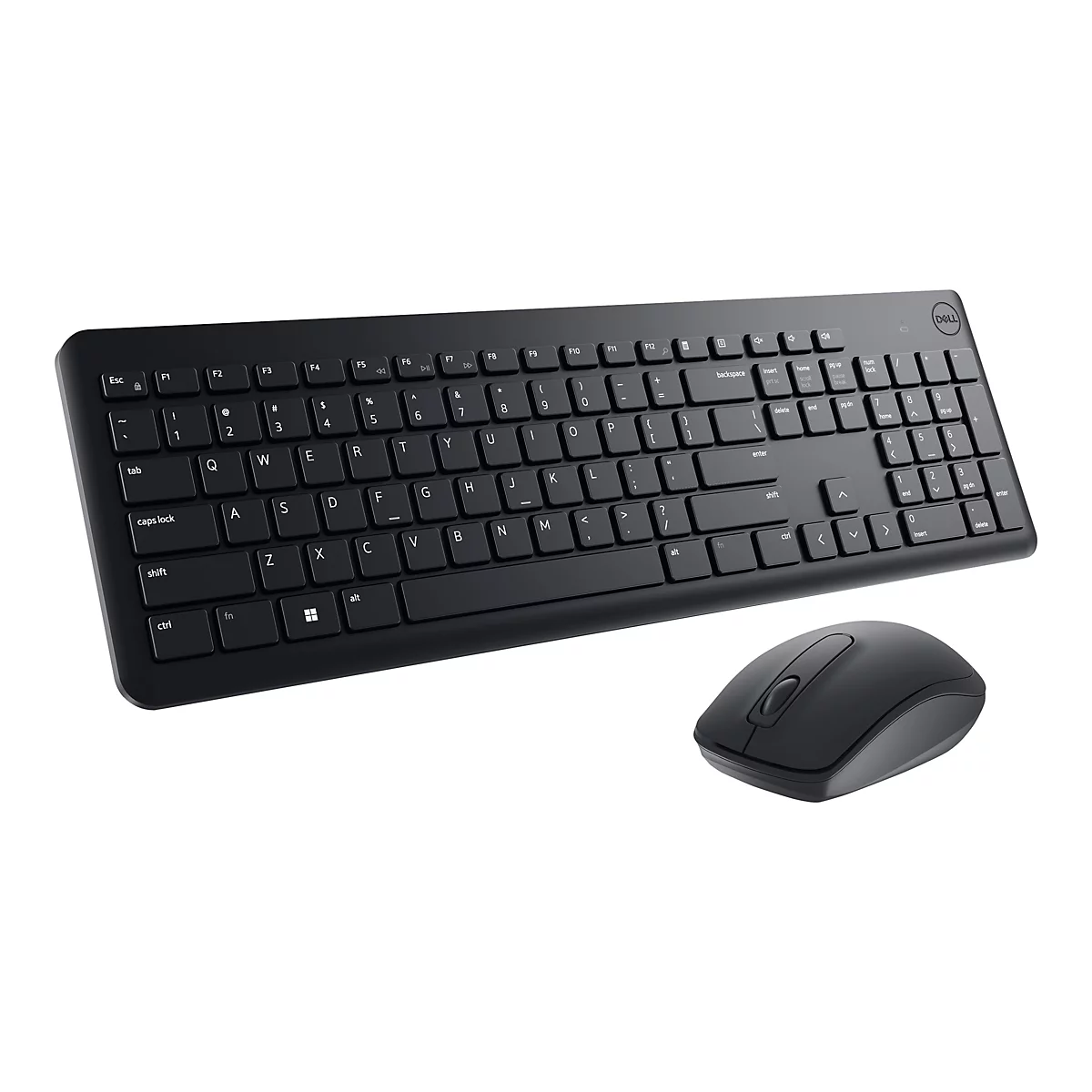 Clavier et souris sans fil noirs sur fond blanc. Le clavier a un design plat avec diverses touches, y compris des touches de fonction et un pavé numérique. La souris est de forme ergonomique et complète visuellement le clavier.