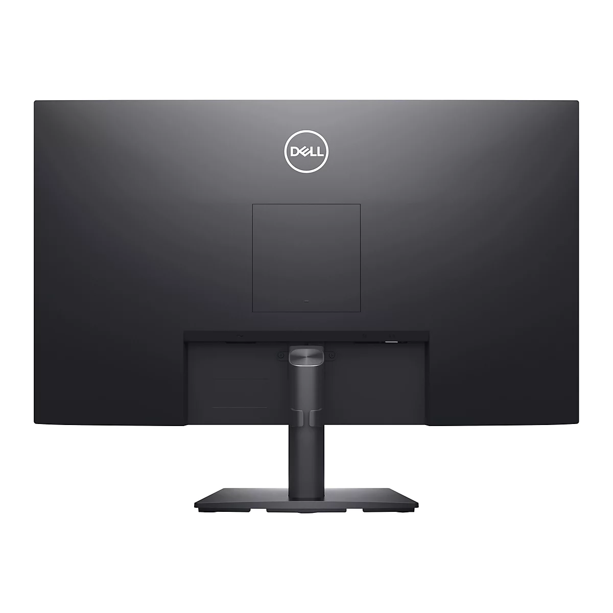 Rückseite eines schwarzen Dell-Monitors auf einem Standfuß vor weißem Hintergrund.