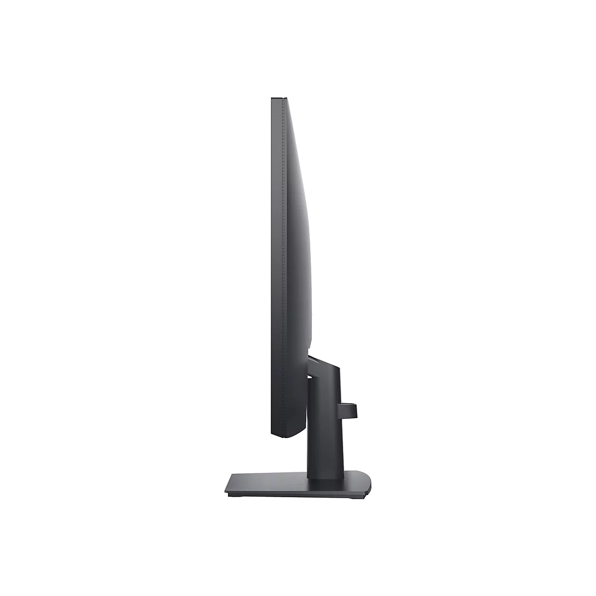 Seitenansicht eines modernen, schlanken schwarzen Computermonitors mit Standfuß vor weißem Hintergrund.