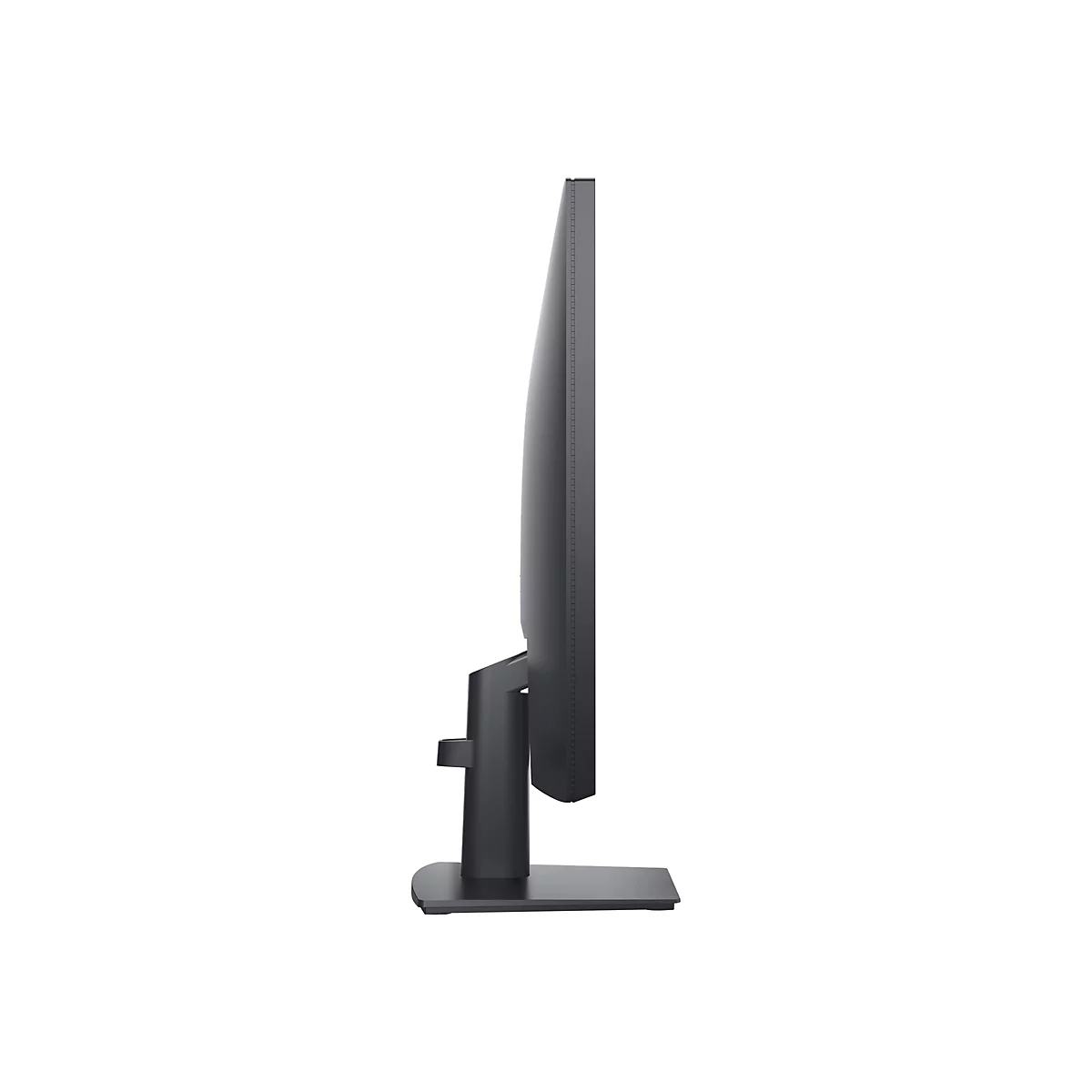 Seitenansicht eines modernen, schwarzen PC-Monitors mit schmalem Rahmen auf einem stabilen Standfuß.