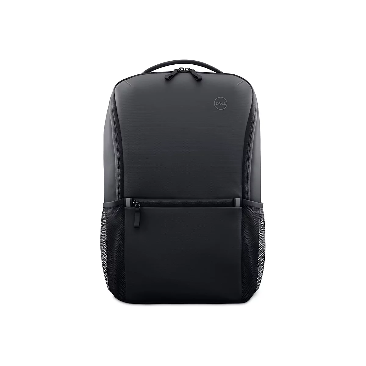 Schwarzer Rucksack mit Dell-Logo. Hat eine Reißverschlusstasche, Netztaschen und Tragegriff.