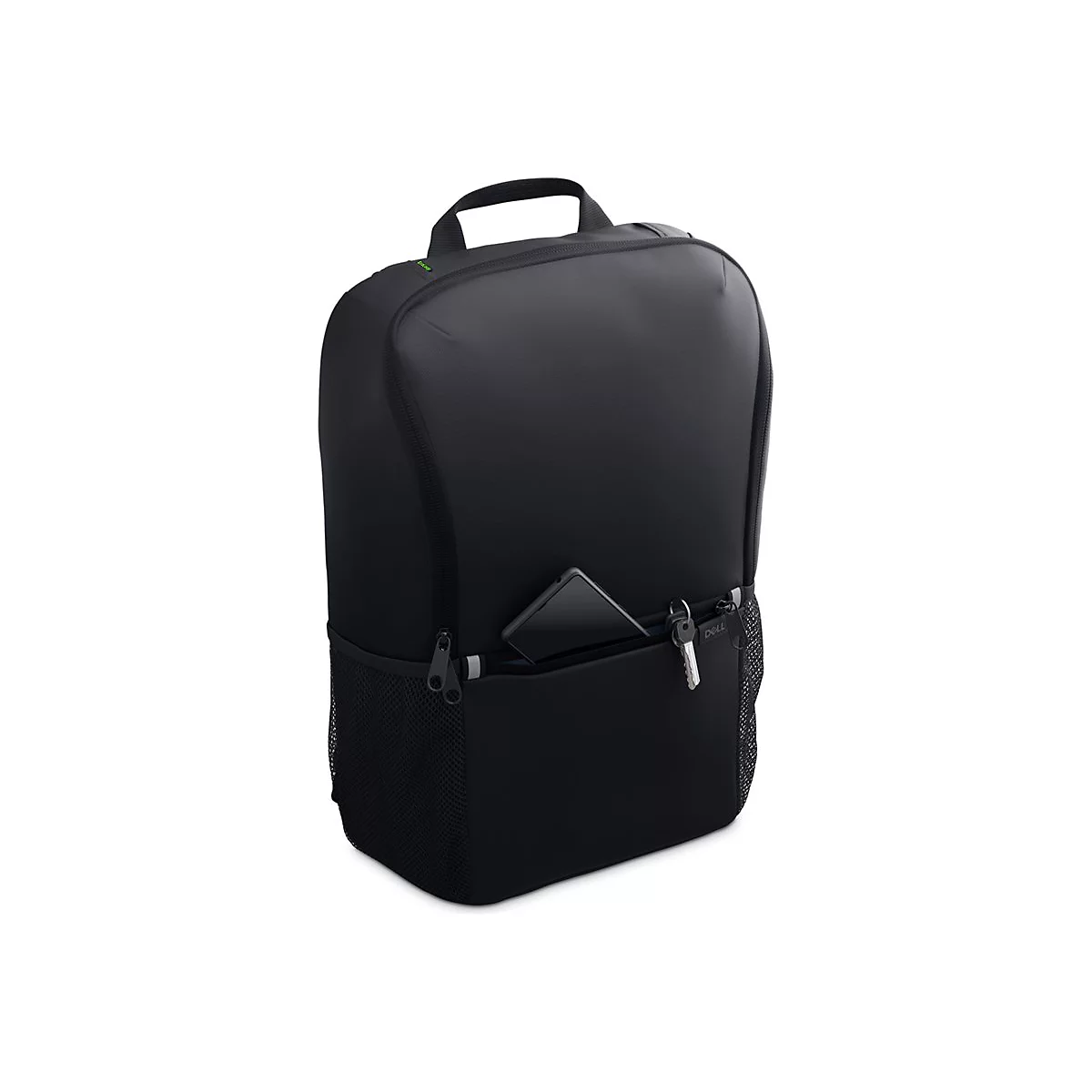 Schwarzer Laptop-Rucksack mit Handy und Schlüsseln in der Vordertasche. Oberhalb des Reißverschlusses ist der Name Dell zu sehen.