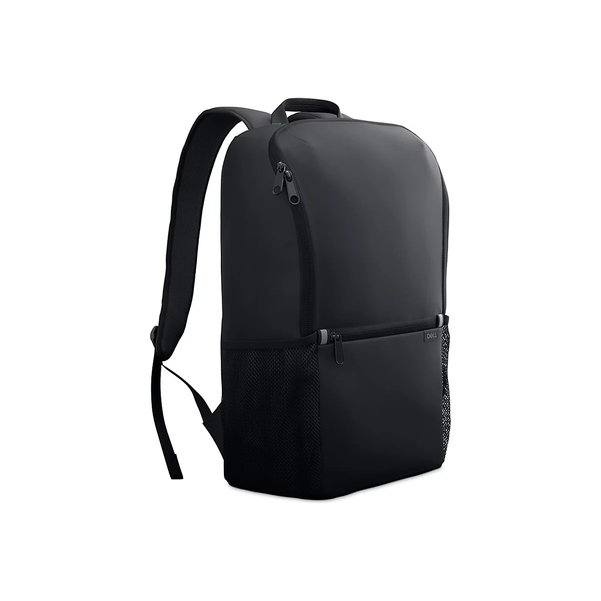Schwarzer Rucksack mit zwei Reißverschlüssen, Schultergurten und einem Netzseitenteil. Auf der Tasche ist der Schriftzug DELL zu sehen.