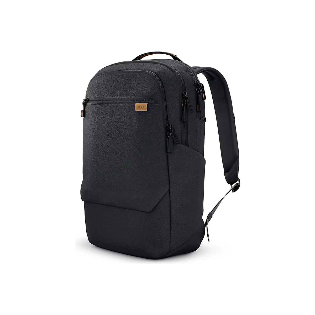 Sac à dos noir avec logo Dell. Fermetures éclair et bretelles. Sur fond blanc.