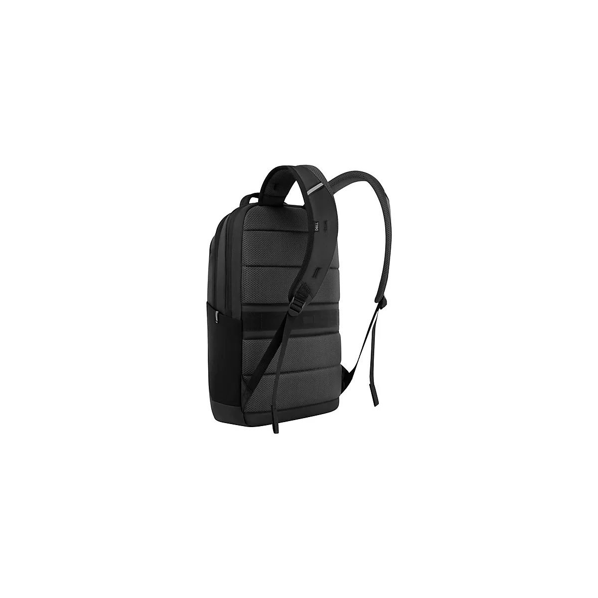 Schwarzer Rucksack von hinten, gepolstert fÃ¼r Komfort und Haltbarkeit.