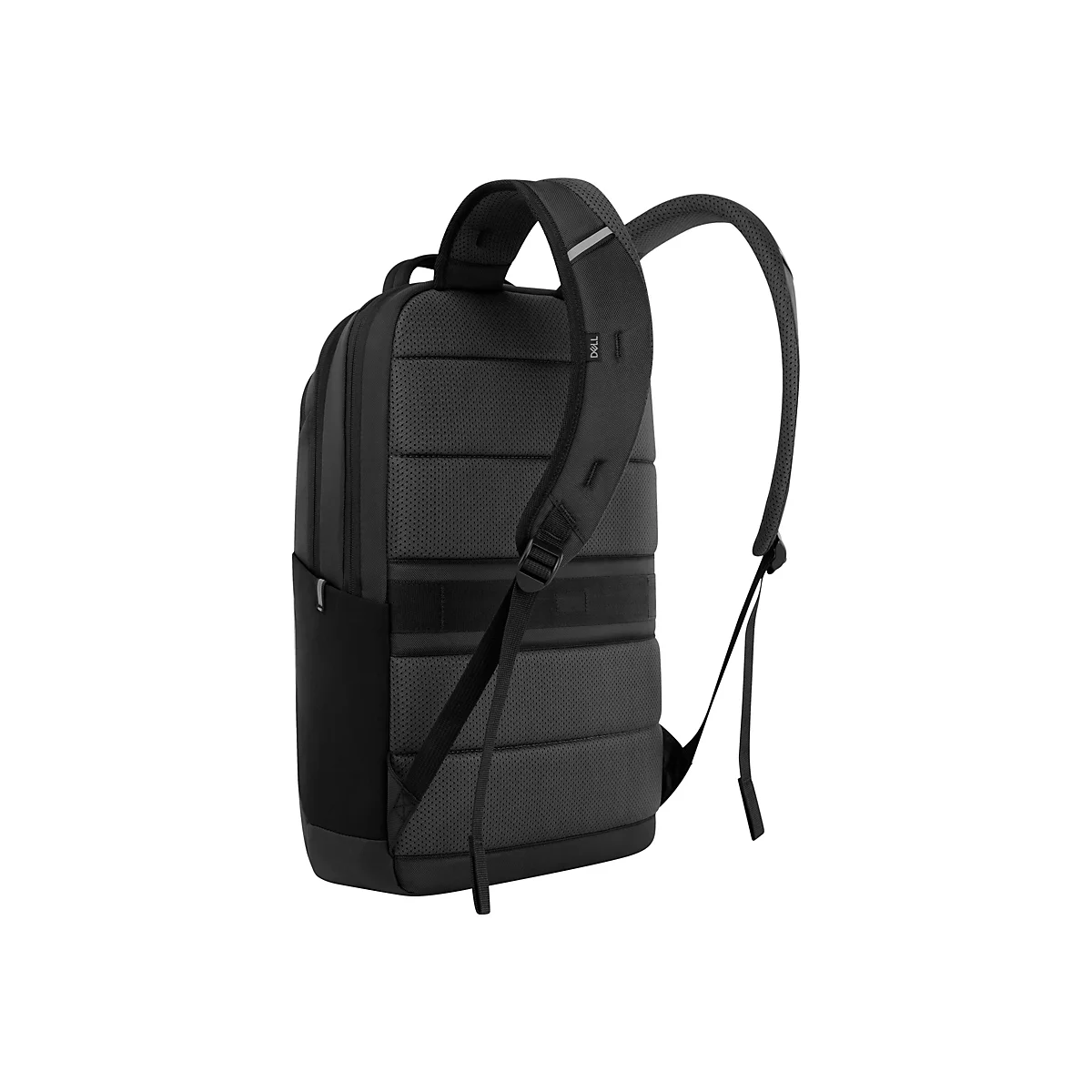 Schwarzer Rucksack, gepolsterte RÃ¼ckenpartie und TrÃ¤ger, ReiÃŸverschlussfach. Der Rucksack steht vor weiÃŸem Hintergrund.