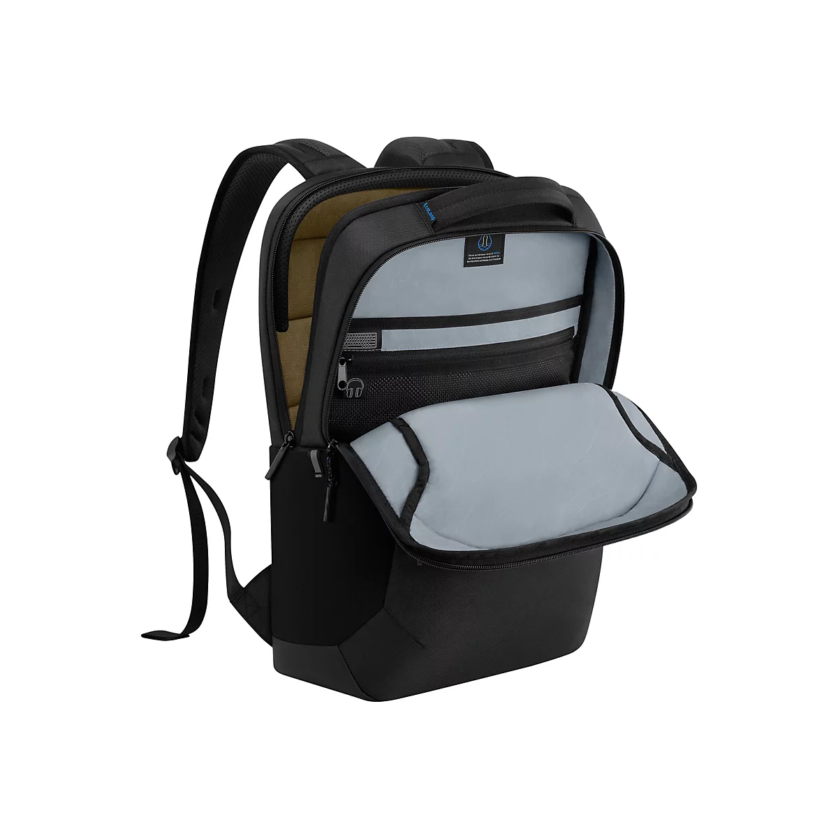 Schwarzer Rucksack mit geÃ¶ffneten FÃ¤chern. Innenraum mit grauem Stoff ausgekleidet, der vordere Teil ist geÃ¶ffnet.