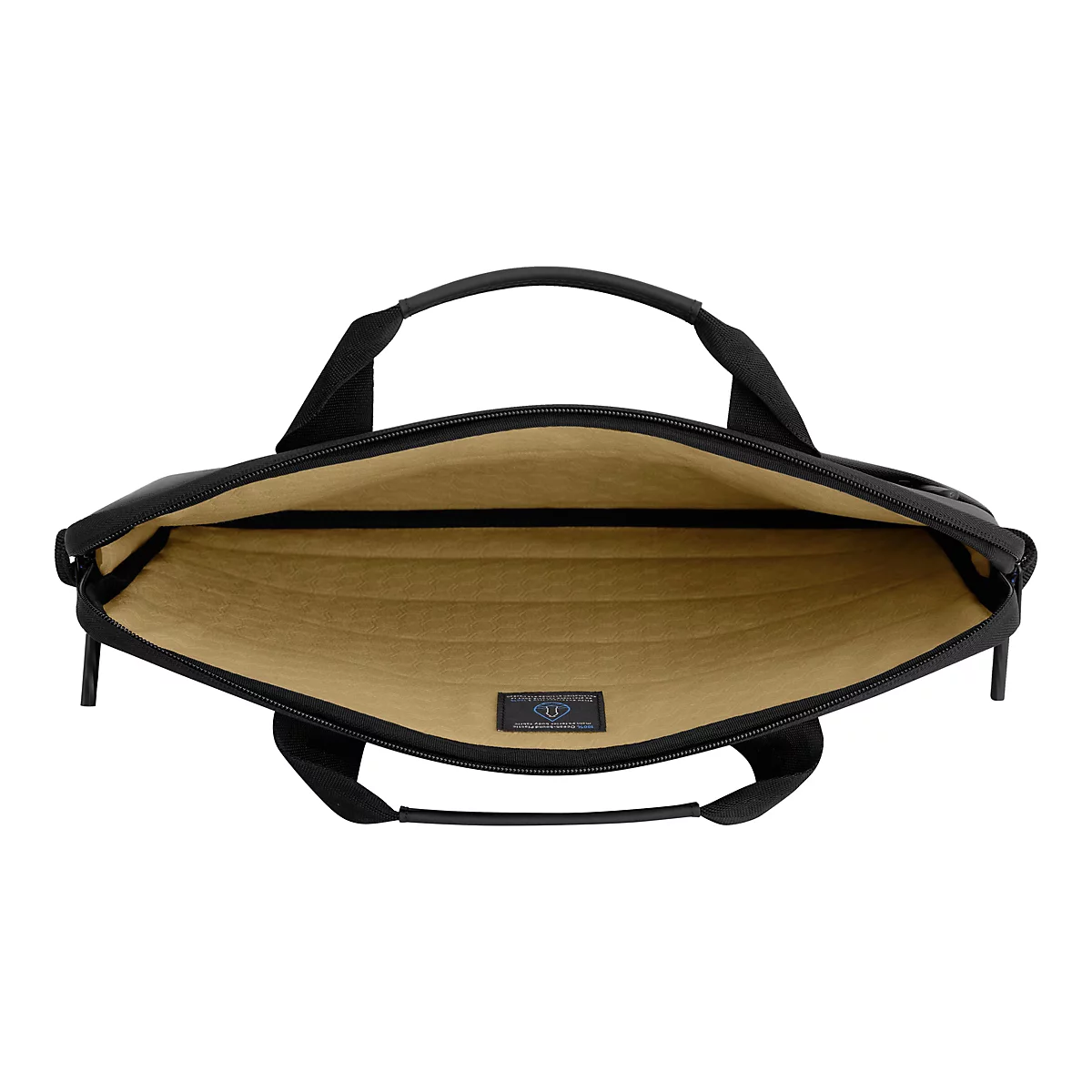 Schwarze Laptoptasche, offen, mit goldfarbenem Innenfutter. Oben und unten sind schwarze Tragegriffe befestigt. Auf dem Futter ist ein Etikett mit Text.