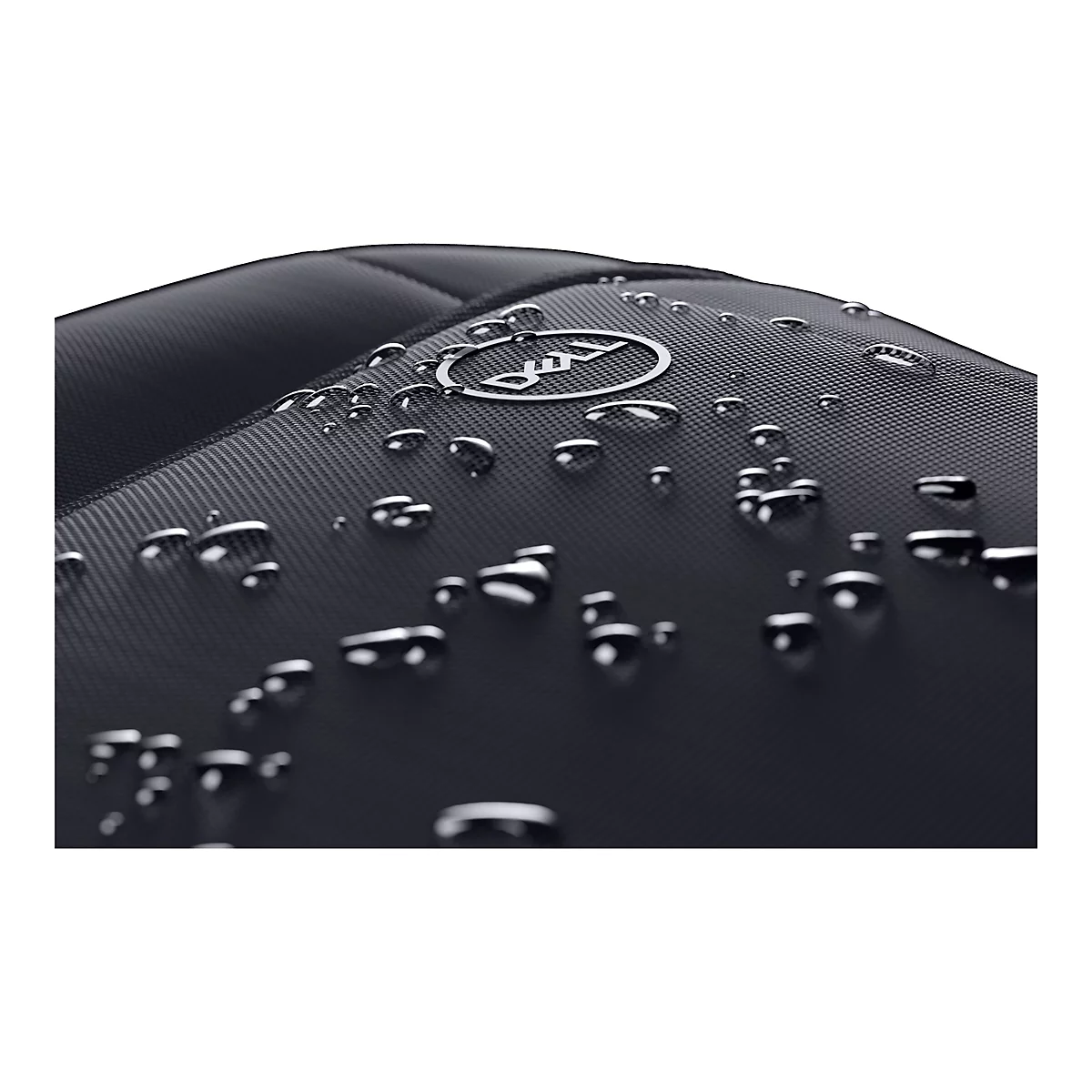 Gros plan d'une surface noire texturée avec des gouttelettes d'eau. Le logo Dell est visible.