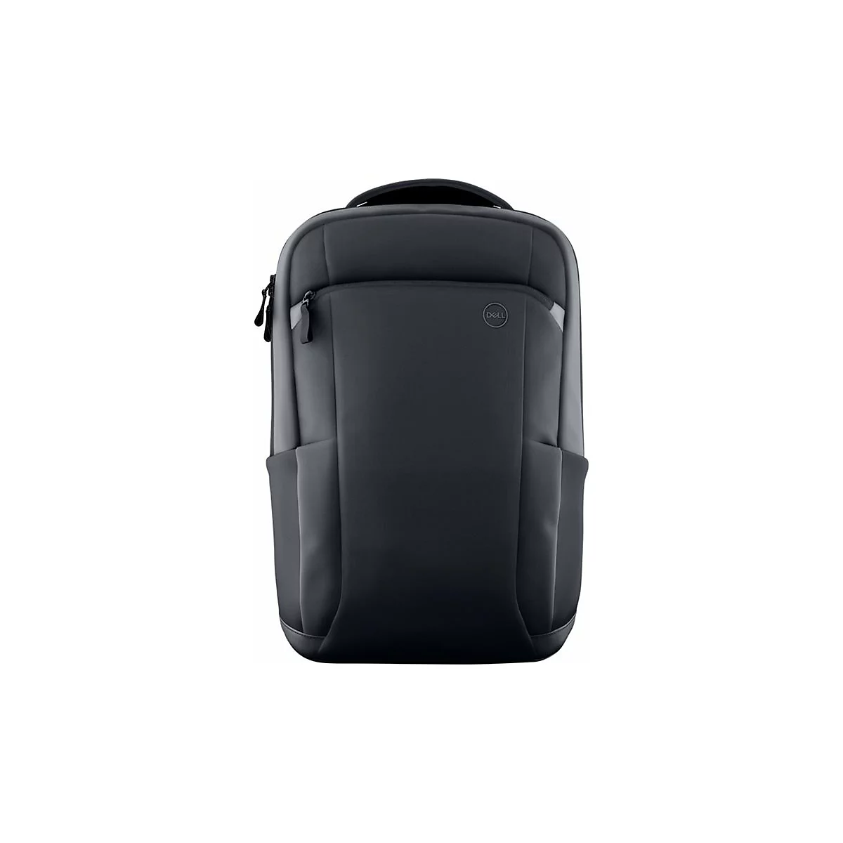 Schwarzer Dell Rucksack für Laptops in schlichtem, modernem Design vor weißem Hintergrund.