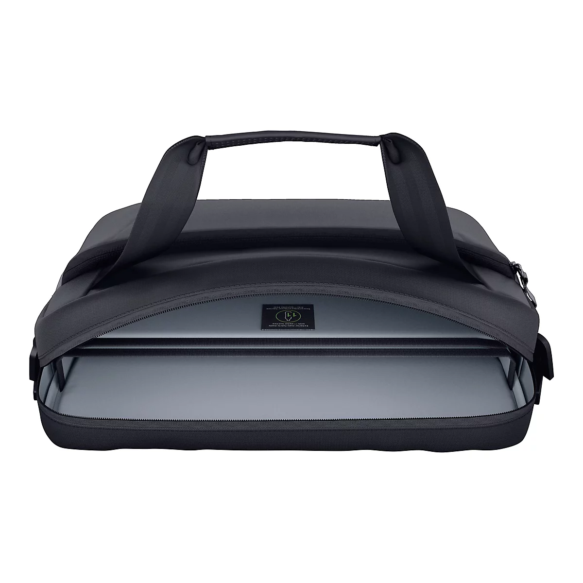 Sac d'ordinateur portable noir, ouvert, avec ordinateur portable. Le sac a des poignées et une fermeture éclair.