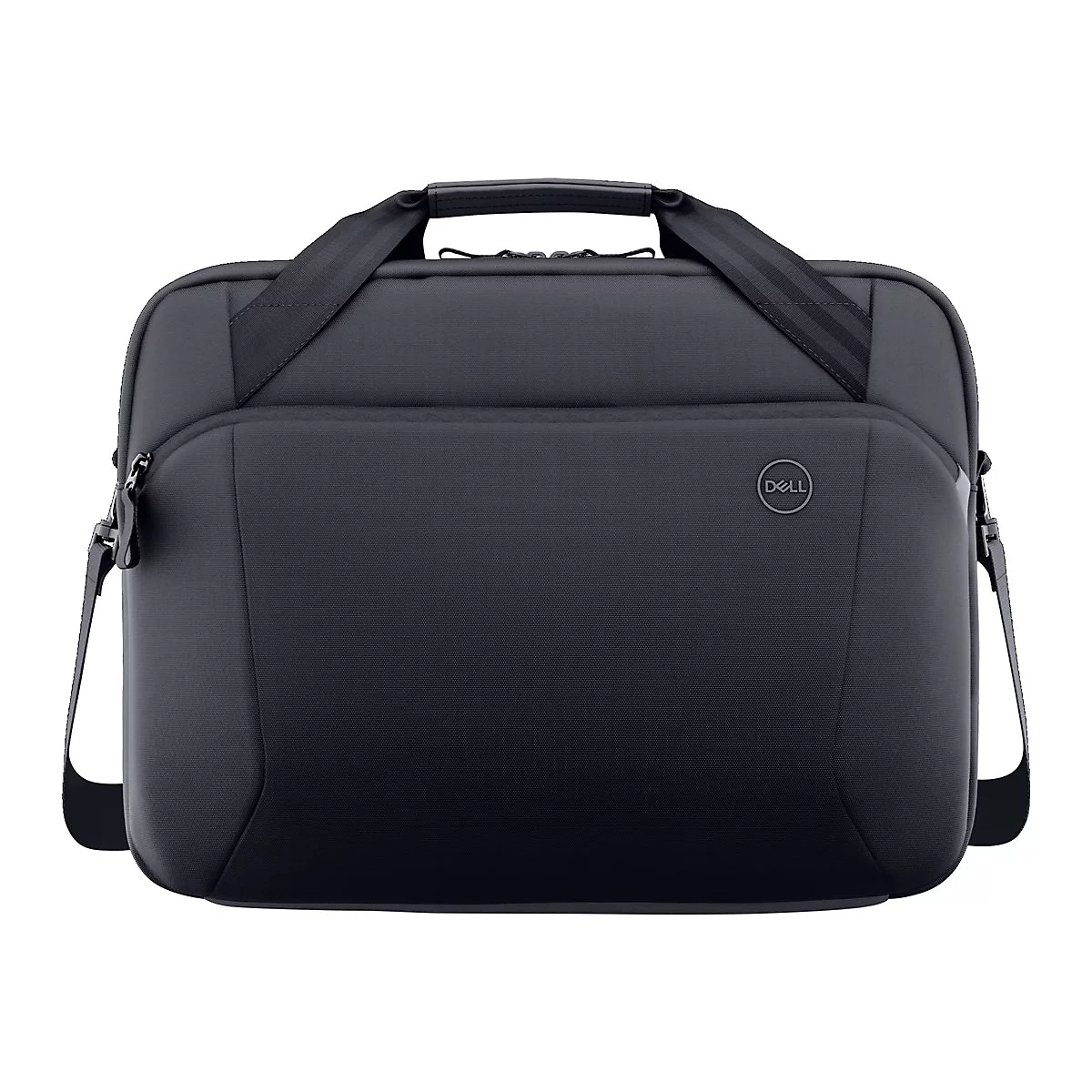 Dunkelgraue Laptoptasche mit Tragegriff und Schulterriemen. Auf der Front das Dell-Logo.