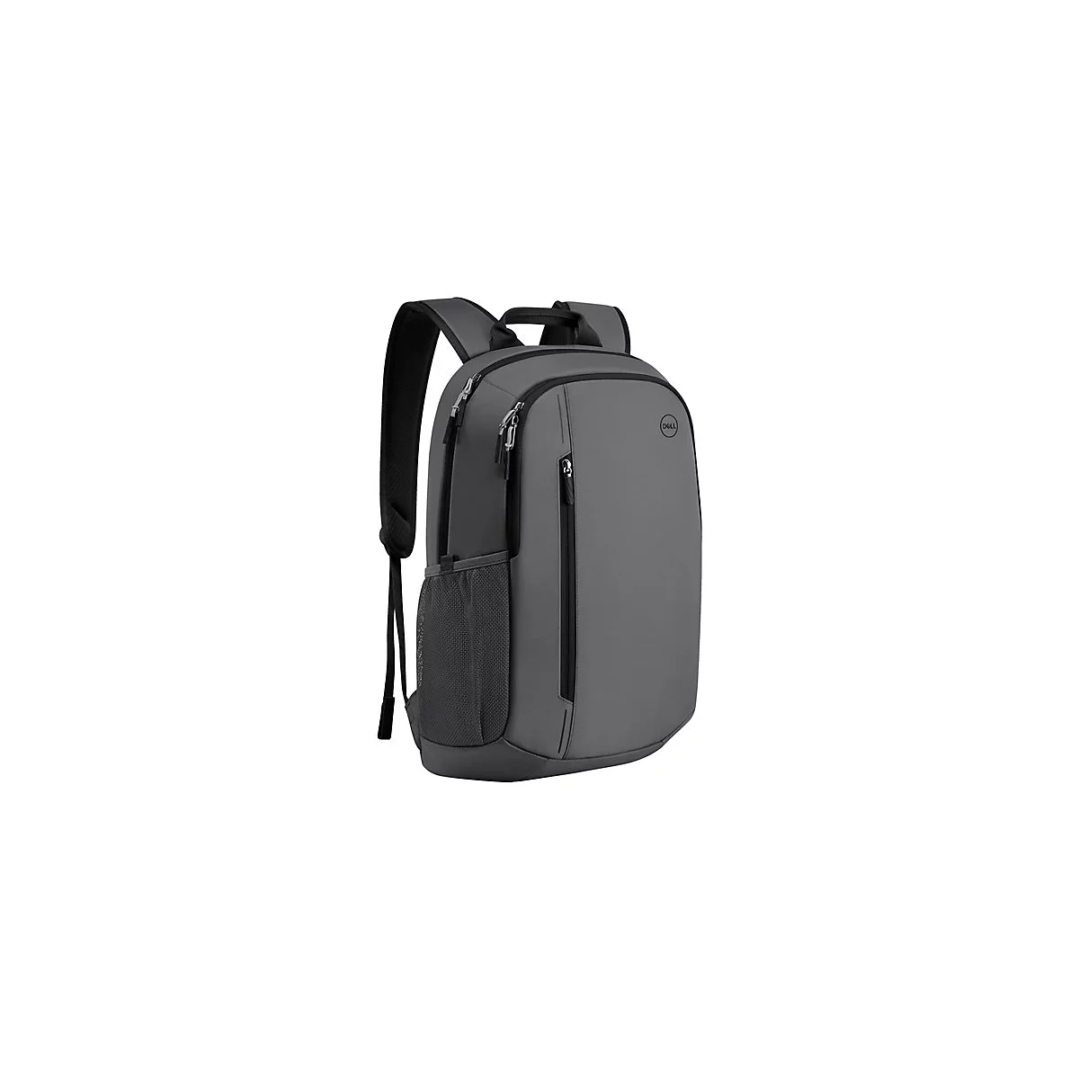 Grauer Rucksack mit schwarzen ReiÃŸverschlÃ¼ssen und Schultergurten; Dell-Logo.