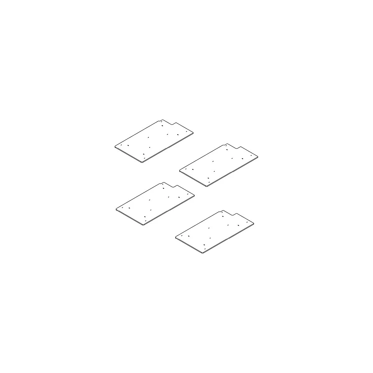 Vier rechteckige Platten, leicht perspektivisch dargestellt, mit mehreren Löchern.