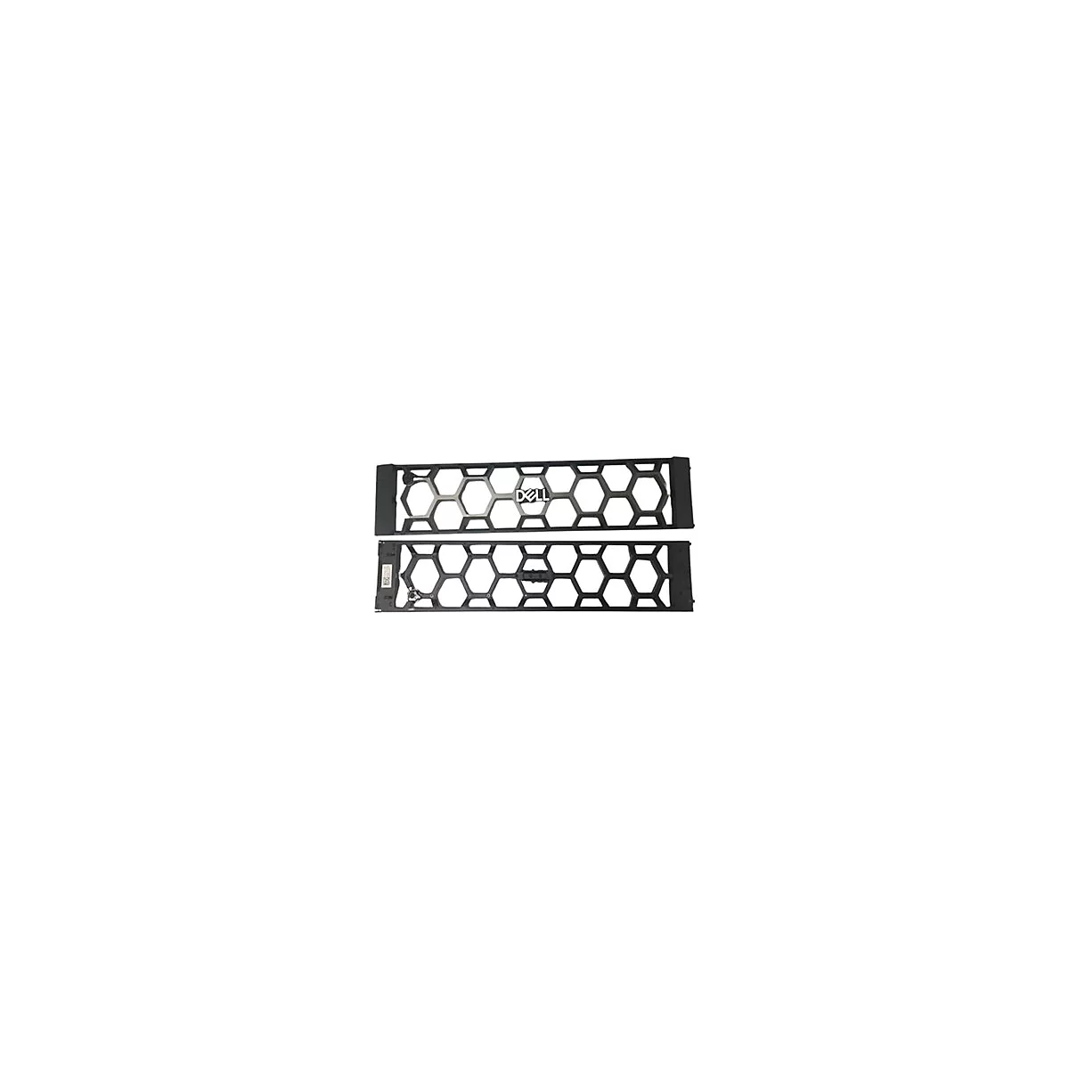 Zwei schwarze, wabenförmige Blenden mit "DELL"-Logo. Im Detail: metallische und wabenförmige Strukturen.