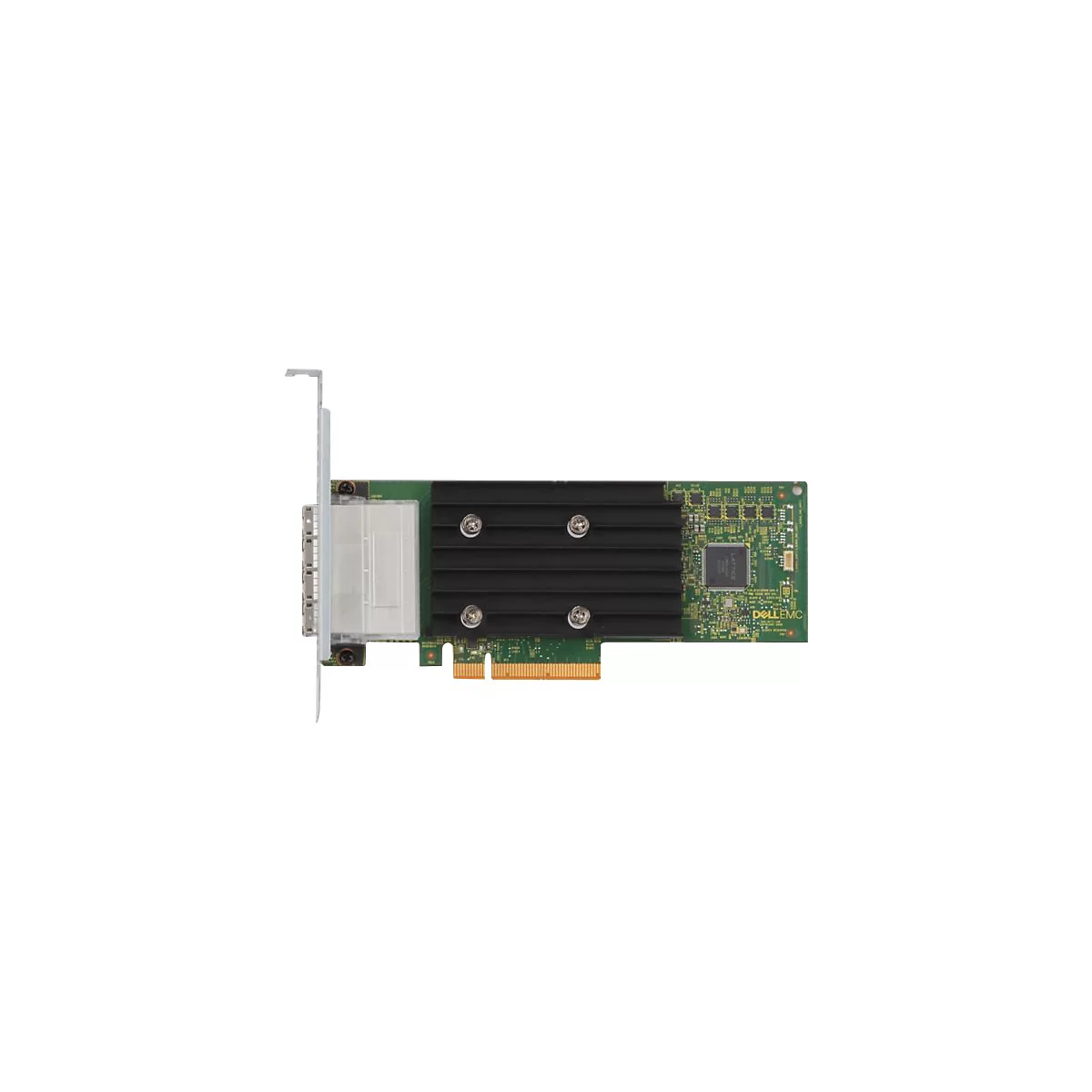 Eine Computer-Netzwerkkarte von Dell EMC, mit Kühlkörper und Anschlussleiste auf weißem Hintergrund.