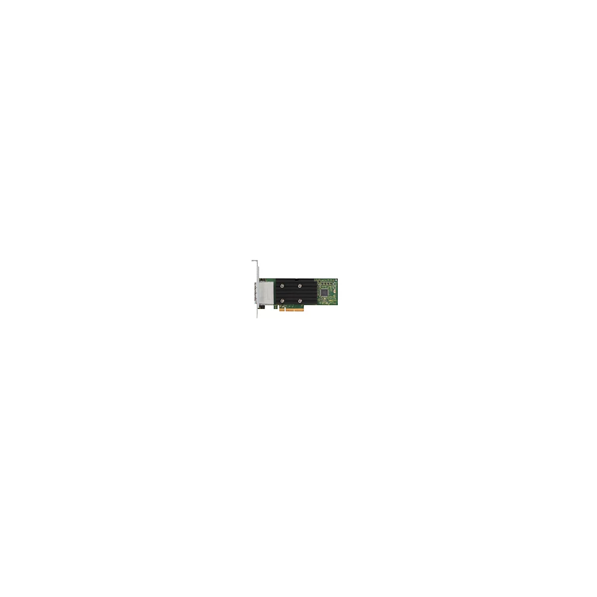 Eine grüne Platine mit elektronischen Bauteilen und einem Kühlkörper, vor weißem Hintergrund.