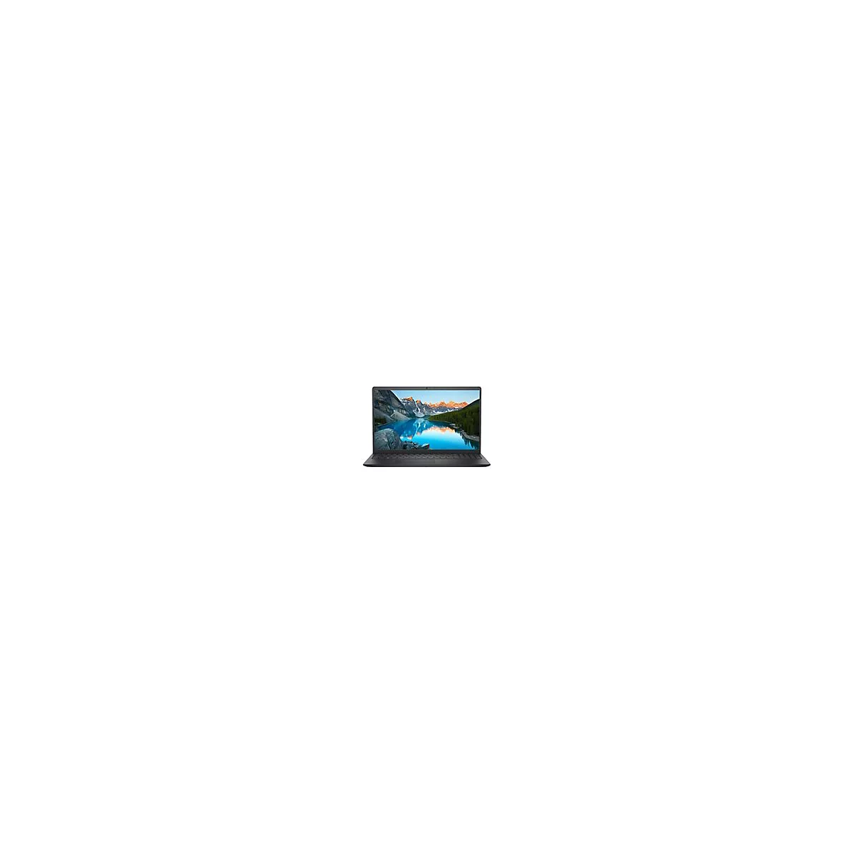 Schwarzer Laptop mit offenem Bildschirm, der eine Berglandschaft mit See zeigt.