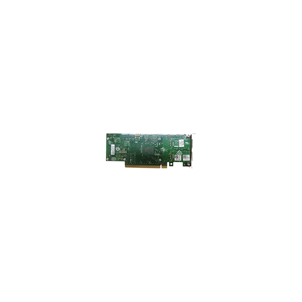 Grüne Intel-Netzwerkkarte mit Leiterbahnen, Bauteilen und diversen Aufklebern auf weißem Hintergrund.