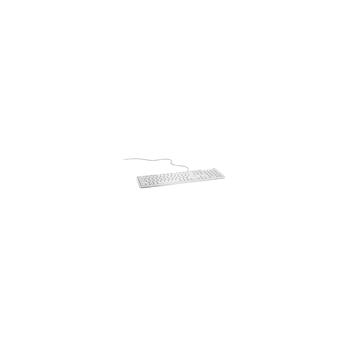 Weisse Computertastatur mit Kabel auf weissem Hintergrund.