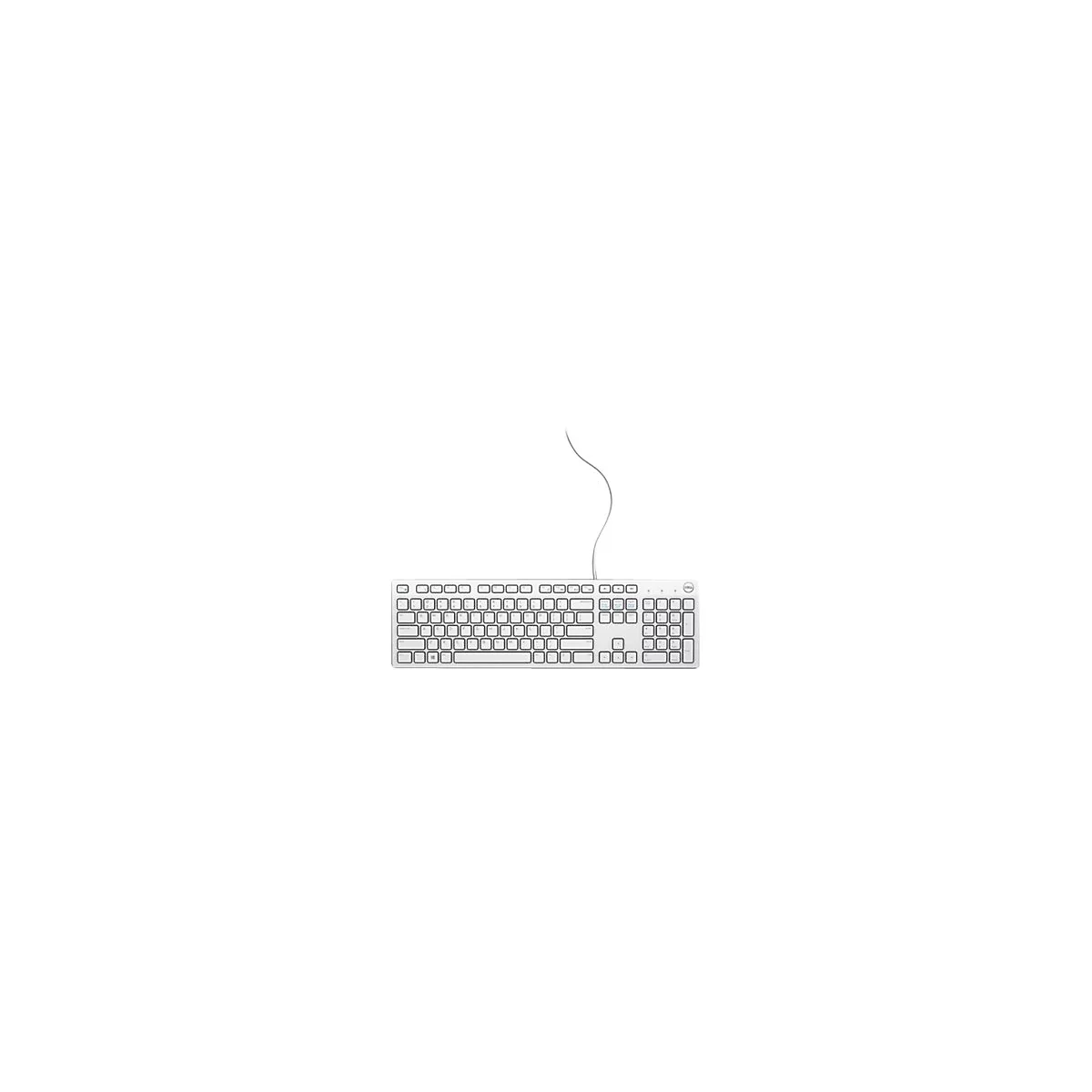 Weiße Dell-Tastatur mit Kabel und zahlreichen Tasten, vor weißem Hintergrund.