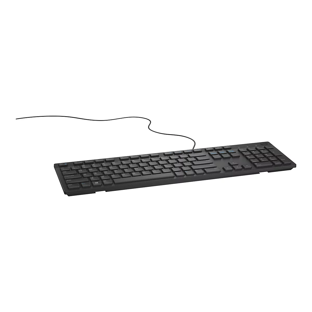 Schwarze Computertastatur mit Kabel auf weißem Hintergrund. Die Tasten sind beschriftet.
