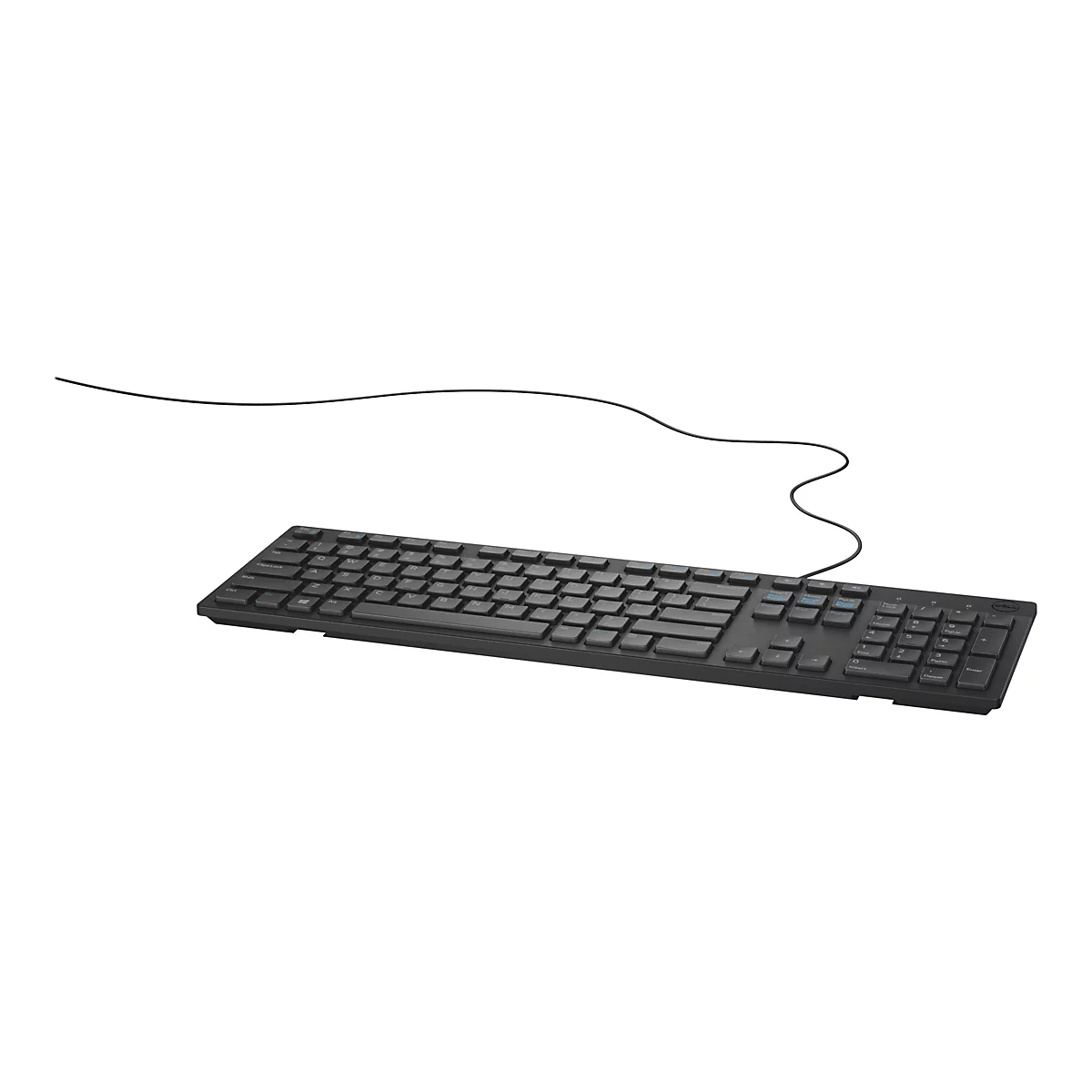 Schwarze Computertastatur mit Kabel auf weißem Hintergrund.