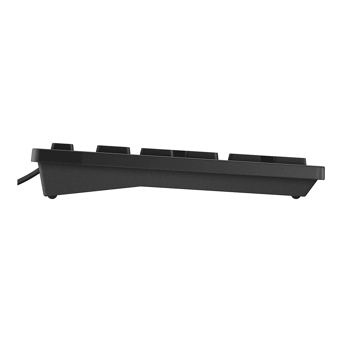 Schwarze Tastatur von der Seite gesehen, mit einem Kabelanschluss. Das Gehäuse ist leicht geneigt.