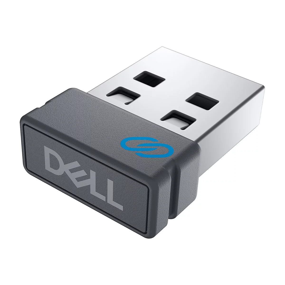 Ein grauer USB-Dongle mit dem Dell-Logo. Das blaue Dell-Logo ist auf der Oberfläche sichtbar.