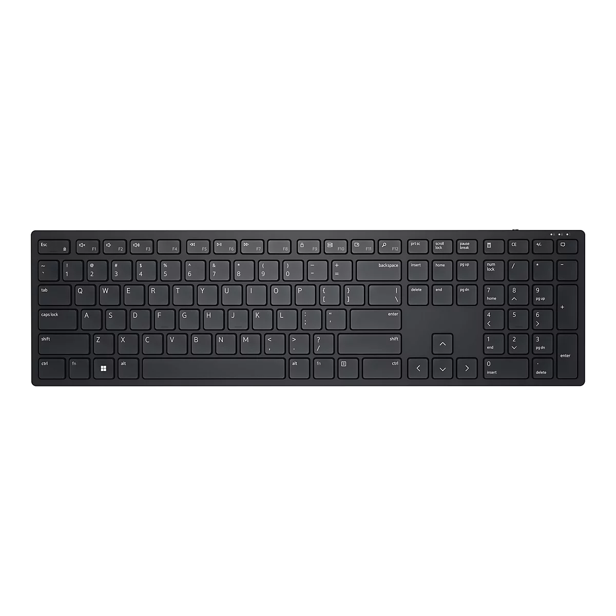 Draufsicht auf eine schwarze Tastatur mit weißen Beschriftungen. Die Tastatur umfasst Buchstaben-, Zahlen- und Funktionstasten.