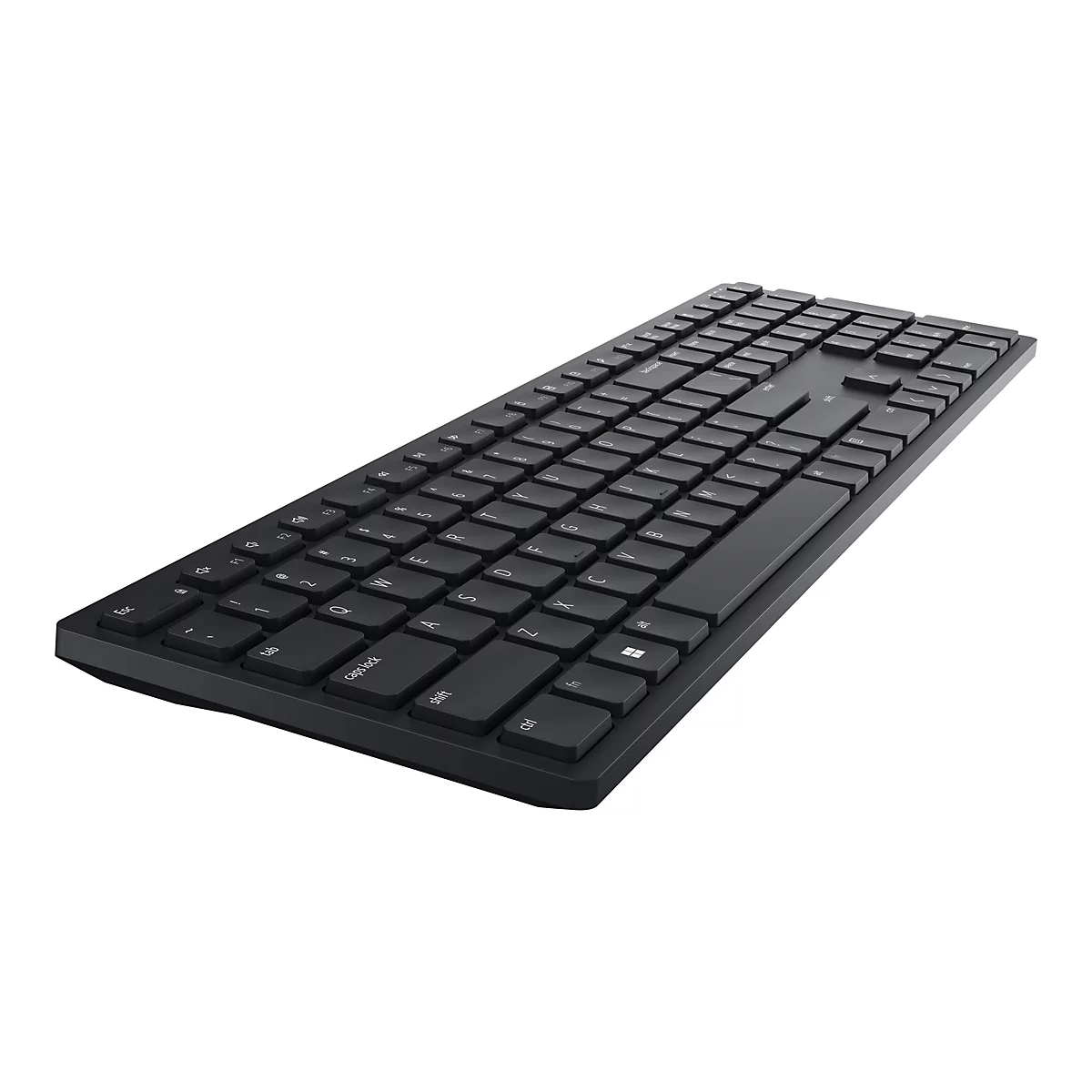 Schwarze Tastatur mit weißen Tasten vor weißem Hintergrund, im Winkel fotografiert.
