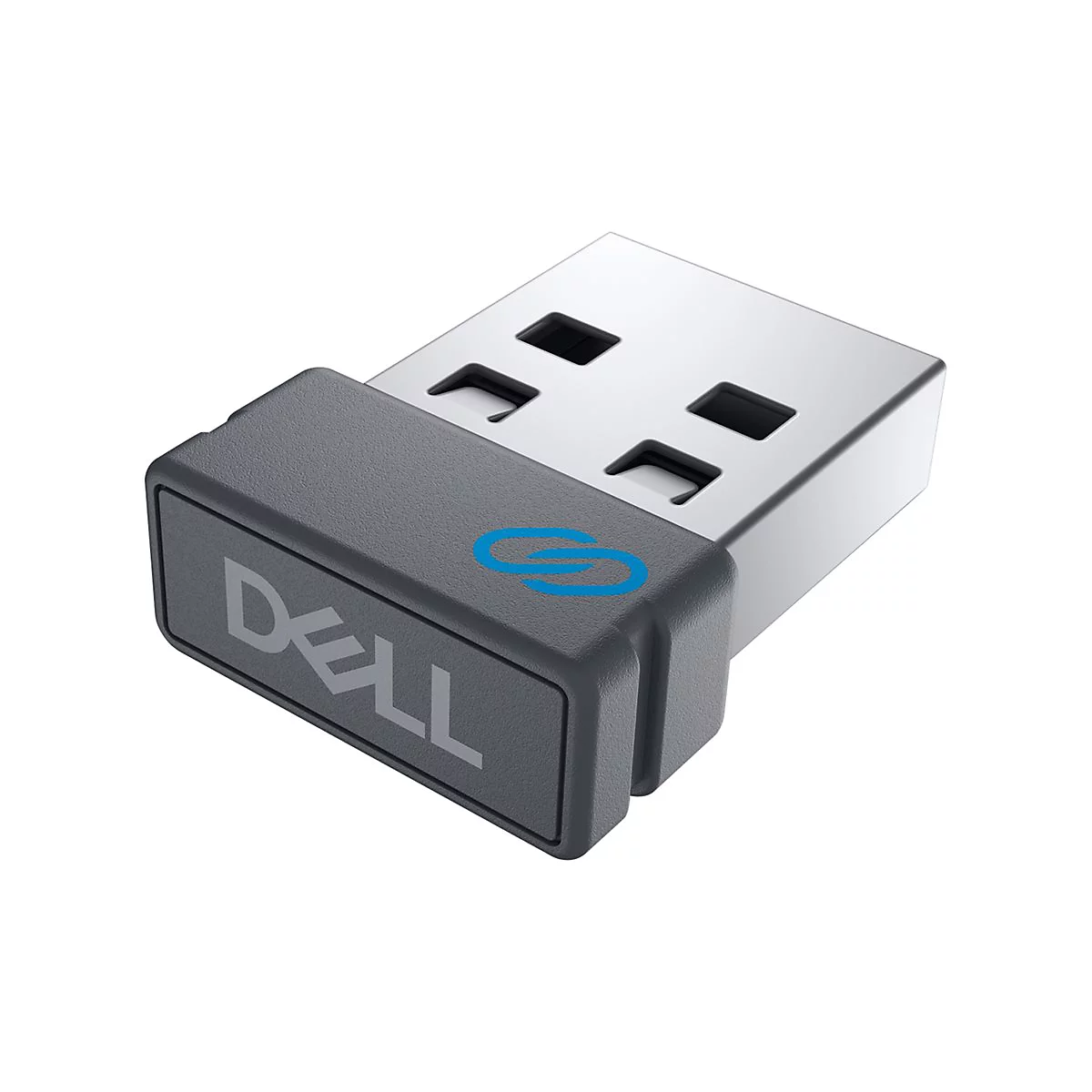Ein Dell USB-Adapter. Grau und silber. Mit Dell-Logo und blauem Symbol.