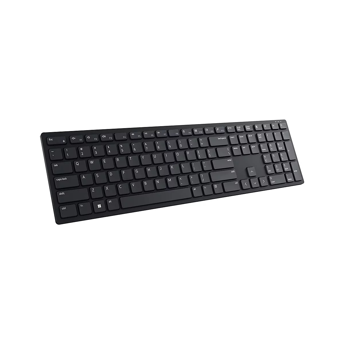 Schwarze Tastatur vor weiÃŸem Hintergrund. Buchstaben und Symbole sind deutlich zu erkennen.