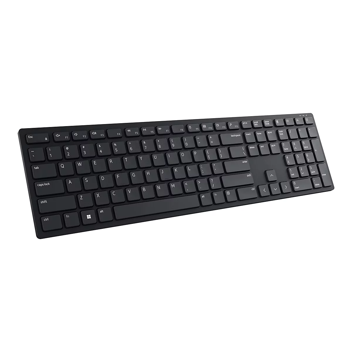 Schwarze Tastatur mit weißen Beschriftungen auf Tasten. Die Tastatur befindet sich im Winkel und ist vor weißem Hintergrund platziert.