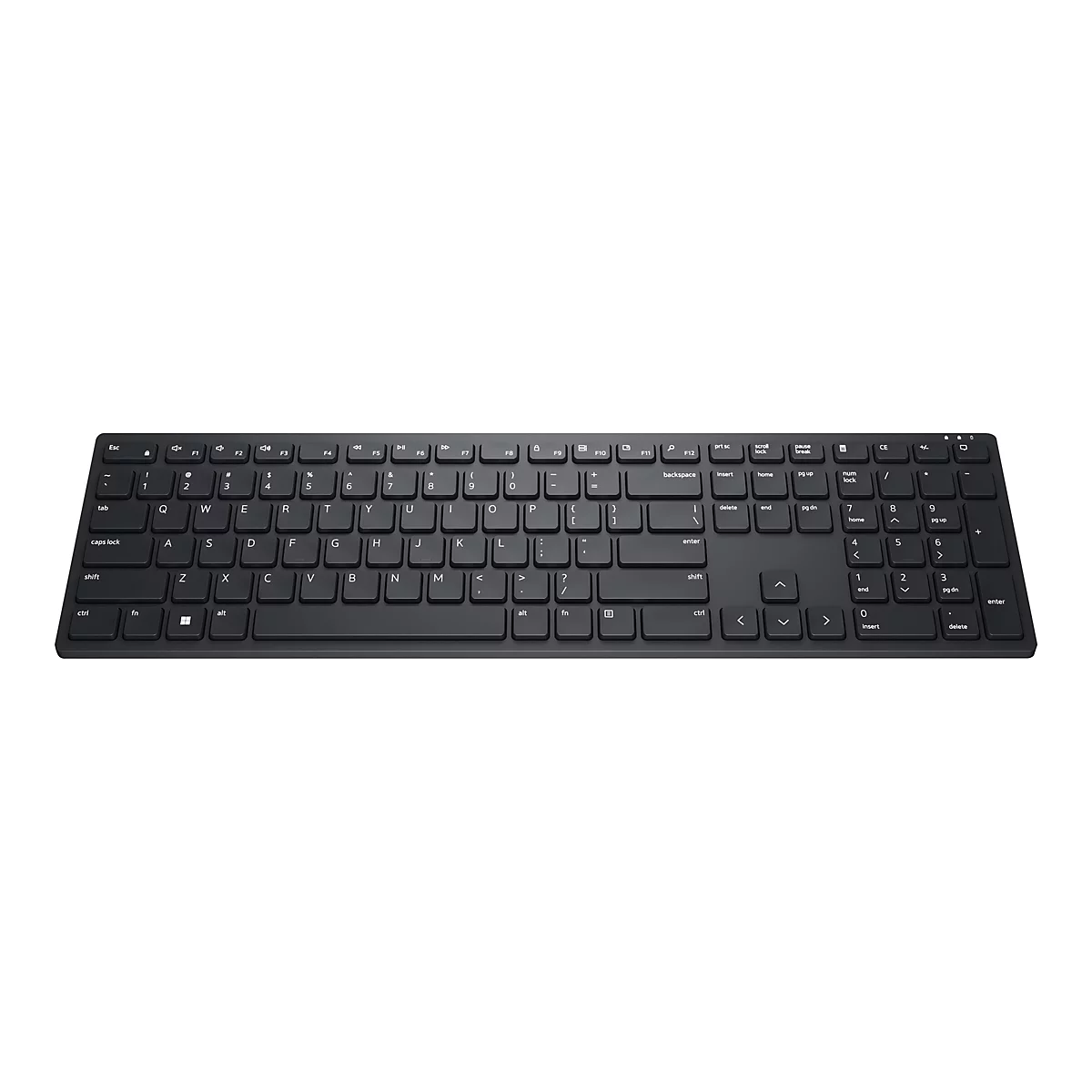 Schwarze Tastatur mit weißen Beschriftungen, Tastenlayout mit Buchstaben, Zahlen und Sonderzeichen.